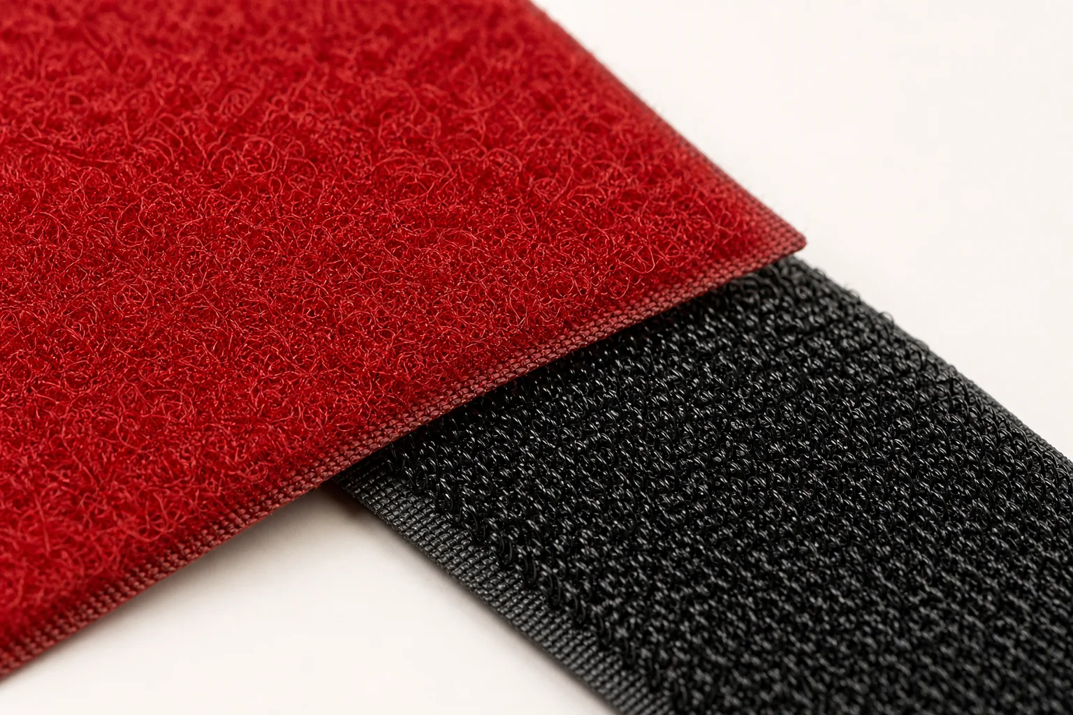 Close-up texture of red loop and black hook fastening surfaces